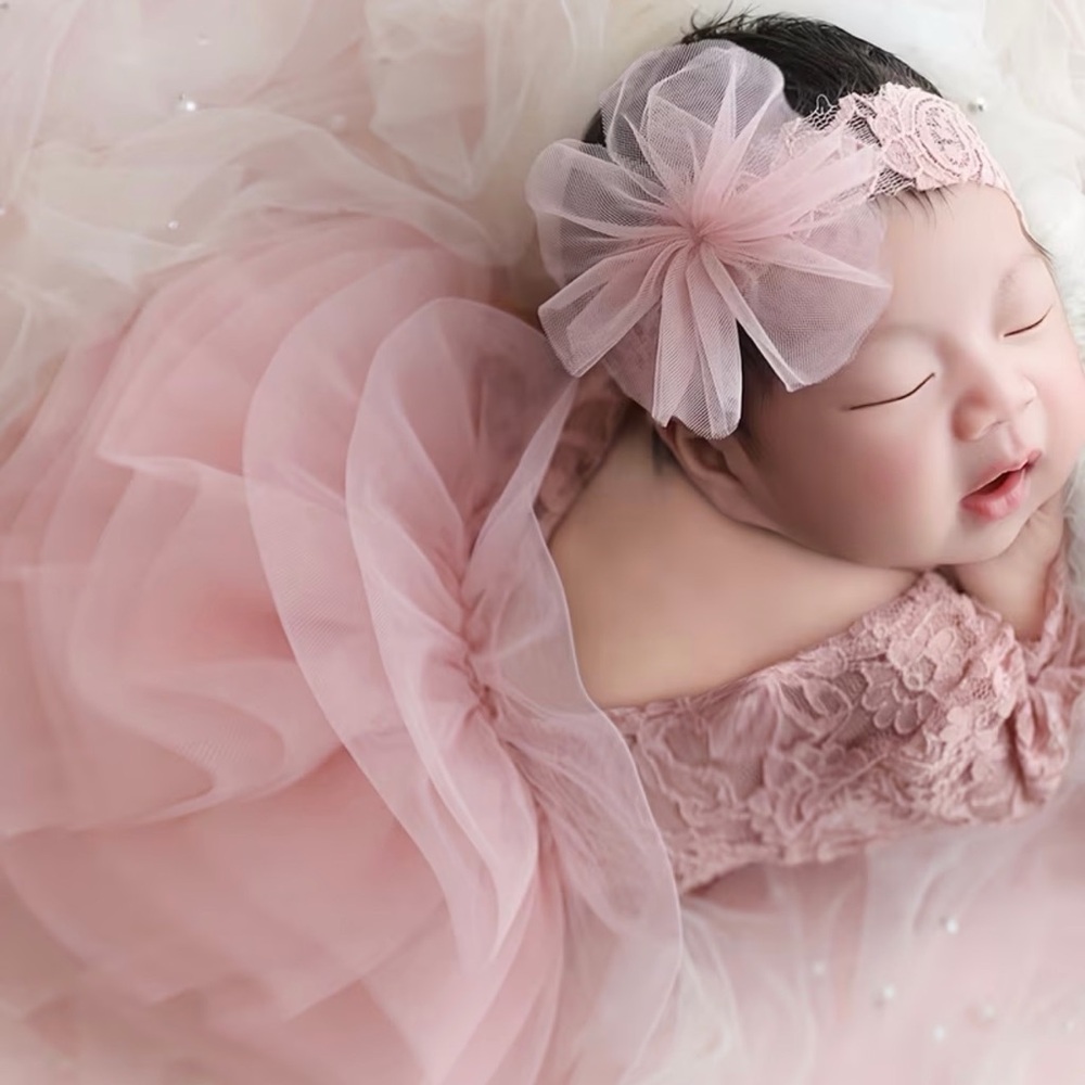 Purple Tulle and Lace Baby Infant Newborn Headband and Tutu Dress Set for Photos - Picture 6 of 12